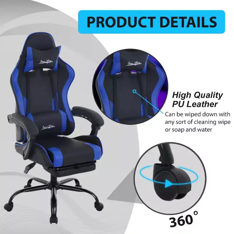 FDW Chaise de jeu Chaise de bureau de course avec repose-pieds Support lombaire Appui-tête Accoudoir Chaise de gamer PC réglable à roulettes pivotante
