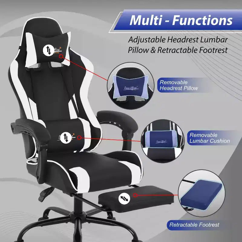 FDW Chaise de jeu Chaise de bureau de course avec repose-pieds Support lombaire Appui-tête Accoudoir Chaise de gamer PC réglable à roulettes pivotante