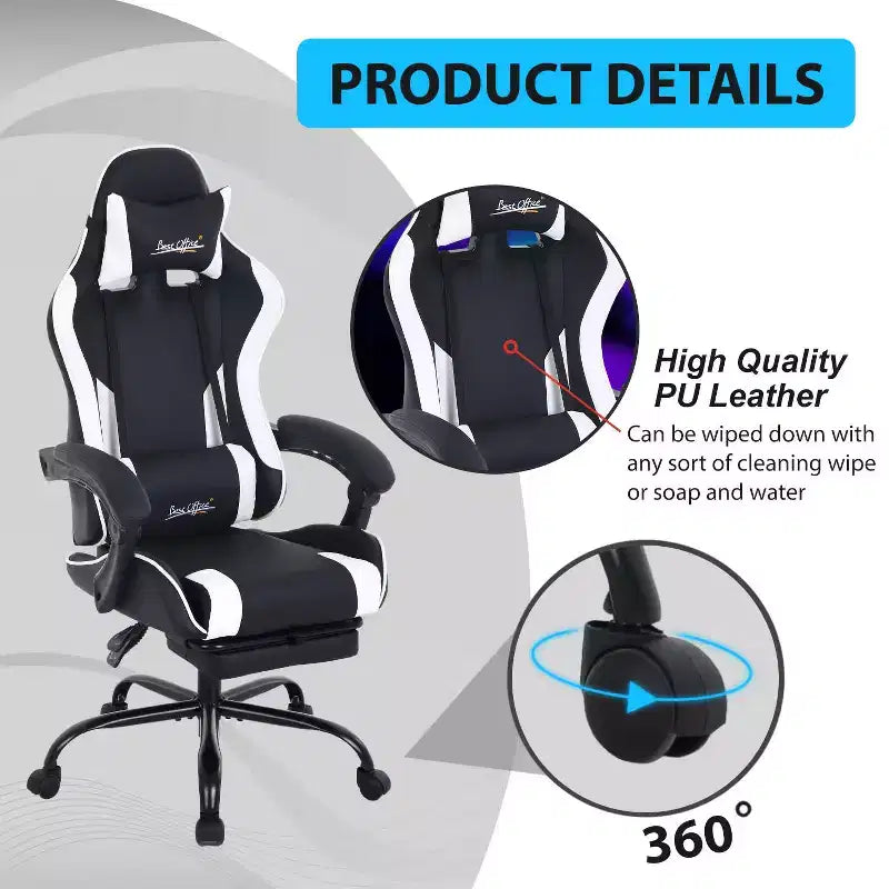 FDW Chaise de jeu Chaise de bureau de course avec repose-pieds Support lombaire Appui-tête Accoudoir Chaise de gamer PC réglable à roulettes pivotante