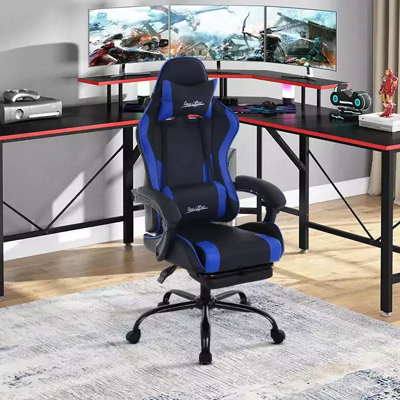 FDW Chaise de jeu Chaise de bureau de course avec repose-pieds Support lombaire Appui-tête Accoudoir Chaise de gamer PC réglable à roulettes pivotante