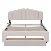 Lit plateforme capitonné Queen-Size en polaire Teddy avec compartiment de rangement