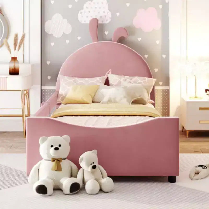 Lit de jour rembourré rose taille Twin avec tête de lit en oreilles de lapin