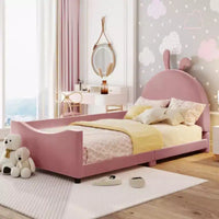 Lit de jour rembourré rose taille Twin avec tête de lit en oreilles de lapin