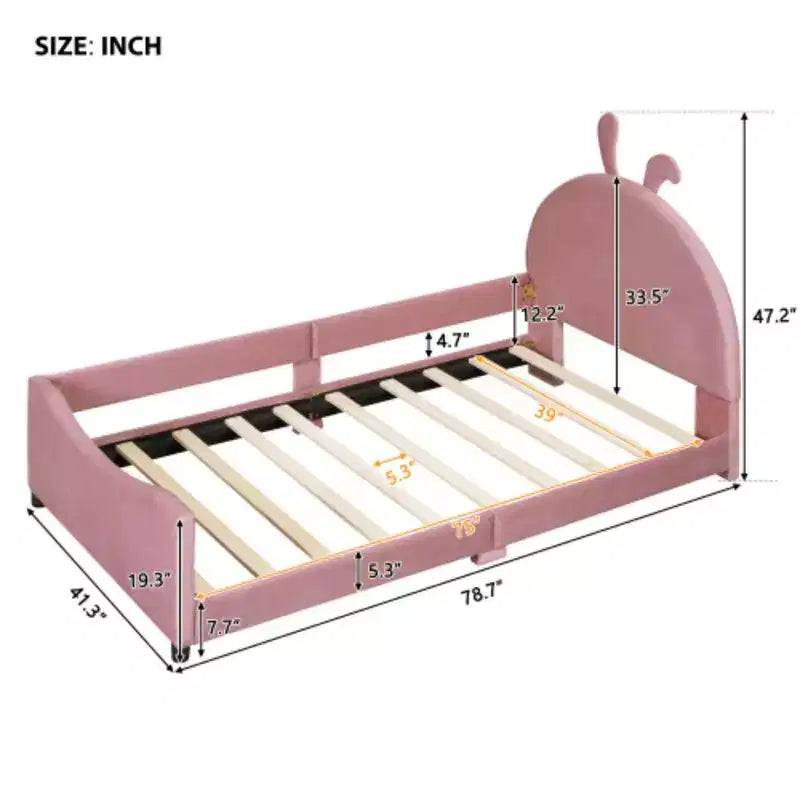 Lit de jour rembourré rose taille Twin avec tête de lit en oreilles de lapin
