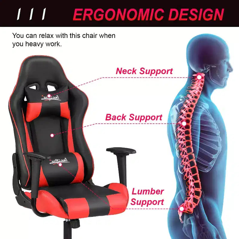 Chaise de jeu BestMassage, chaise de bureau avec support lombaire, appui-tête, accoudoirs et roulettes pivotantes pour joueurs de PC