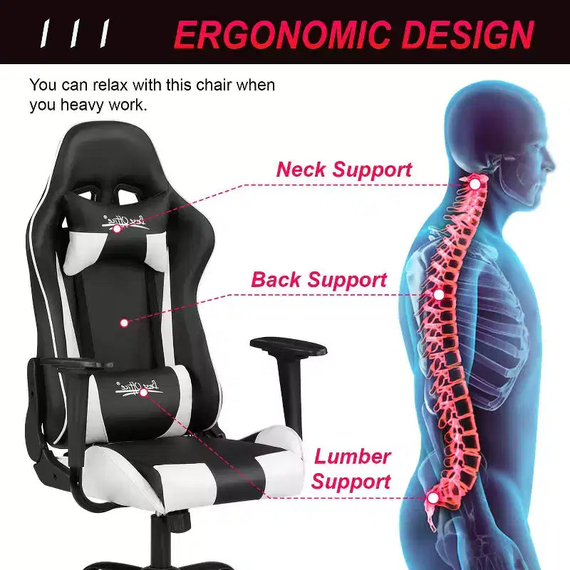 Chaise de jeu BestMassage, chaise de bureau avec support lombaire, appui-tête, accoudoirs et roulettes pivotantes pour joueurs de PC