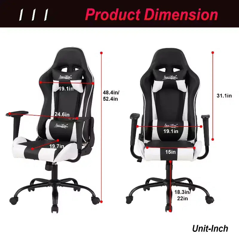 Chaise de jeu BestMassage, chaise de bureau avec support lombaire, appui-tête, accoudoirs et roulettes pivotantes pour joueurs de PC