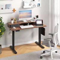 Bureau debout électrique Costway 48x24 po avec 2 tiroirs, support d'écran, étagère de rangement, brun/noir/blanc