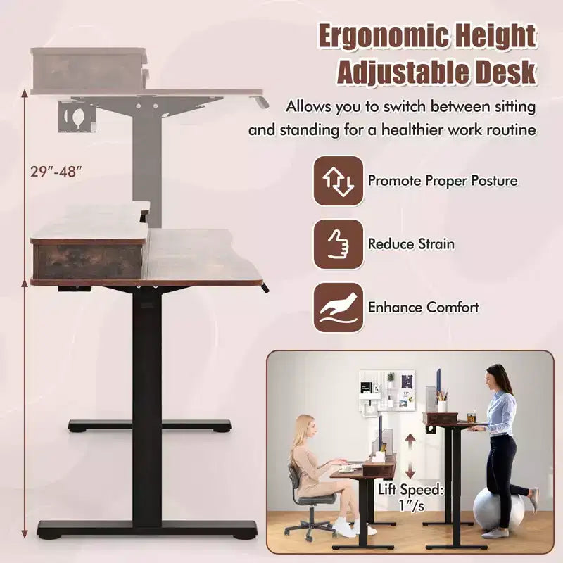 Bureau debout électrique Costway 48x24 po avec 2 tiroirs, support d'écran, étagère de rangement, brun/noir/blanc