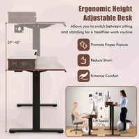 Bureau debout électrique Costway 48x24 po avec 2 tiroirs, support d'écran, étagère de rangement, brun/noir/blanc