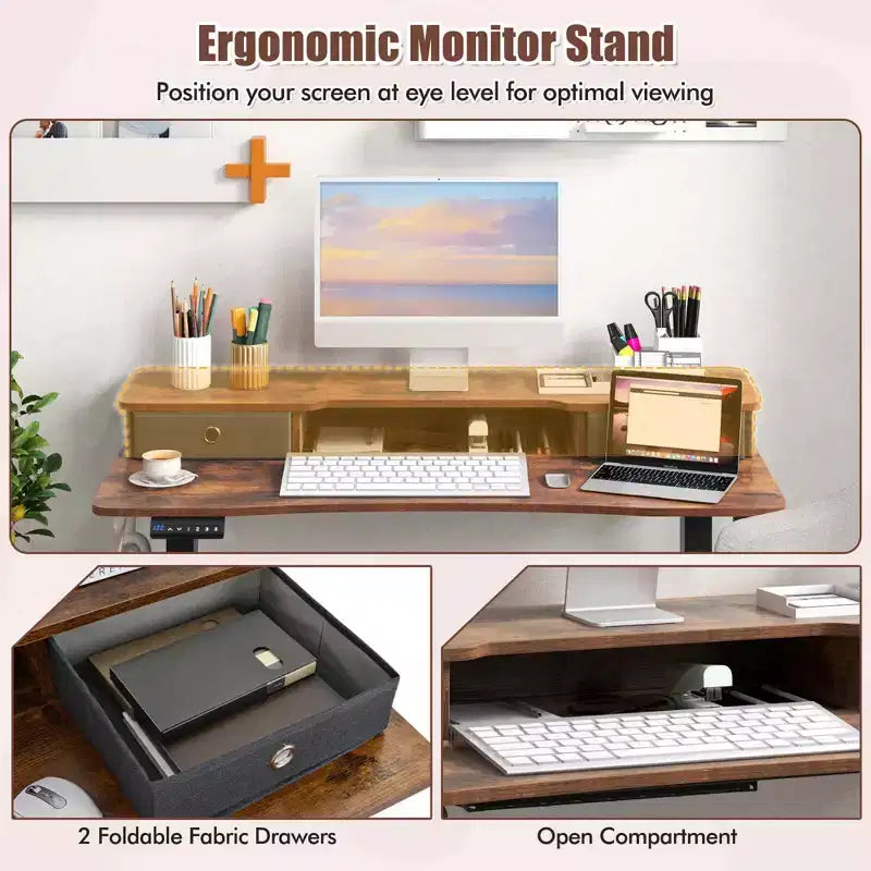 Bureau debout électrique Costway 48x24 po avec 2 tiroirs, support d'écran, étagère de rangement, brun/noir/blanc