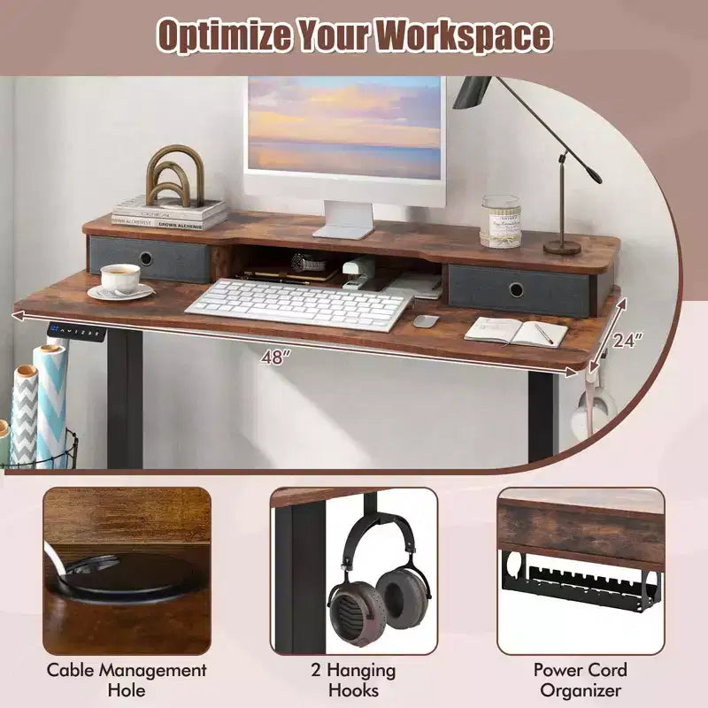 Bureau debout électrique Costway 48x24 po avec 2 tiroirs, support d'écran, étagère de rangement, brun/noir/blanc