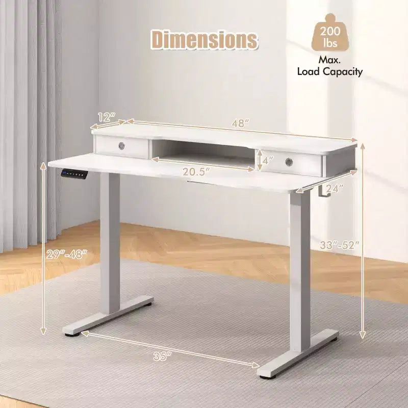 Bureau debout électrique Costway 48x24 po avec 2 tiroirs, support d'écran, étagère de rangement, brun/noir/blanc