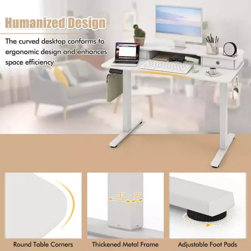 Bureau debout électrique Costway 48x24 po avec 2 tiroirs, support d'écran, étagère de rangement, brun/noir/blanc