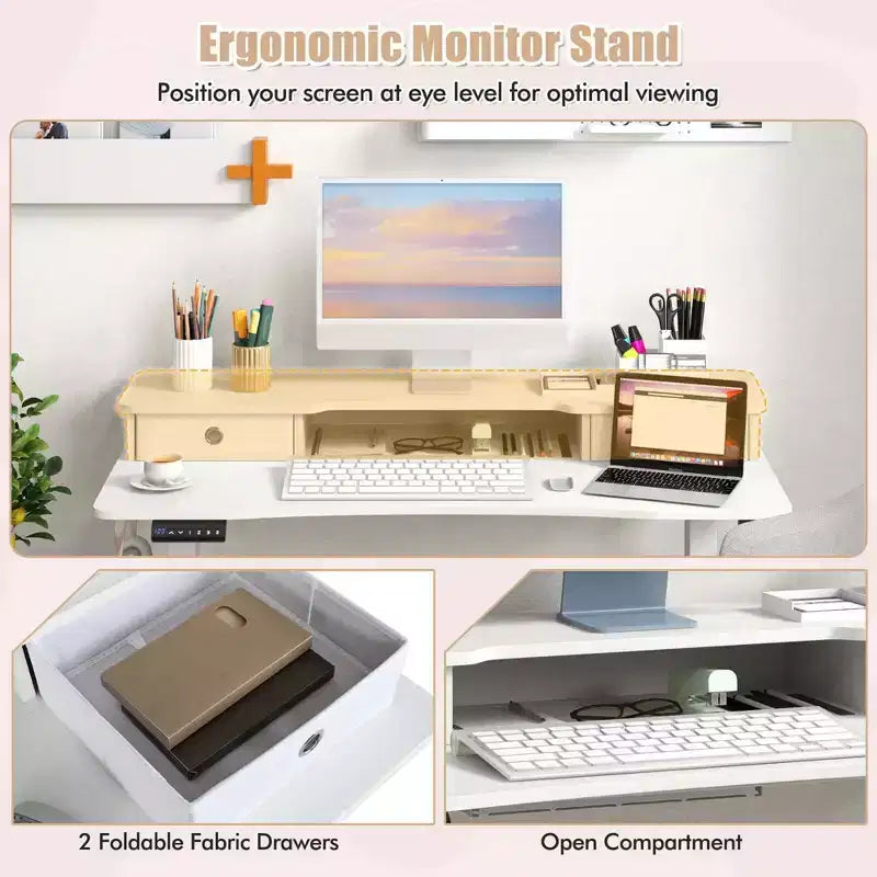 Bureau debout électrique Costway 48x24 po avec 2 tiroirs, support d'écran, étagère de rangement, brun/noir/blanc
