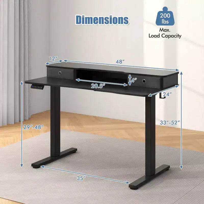 Bureau debout électrique Costway 48x24 po avec 2 tiroirs, support d'écran, étagère de rangement, brun/noir/blanc
