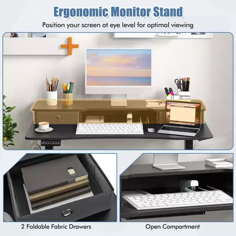 Bureau debout électrique Costway 48x24 po avec 2 tiroirs, support d'écran, étagère de rangement, brun/noir/blanc