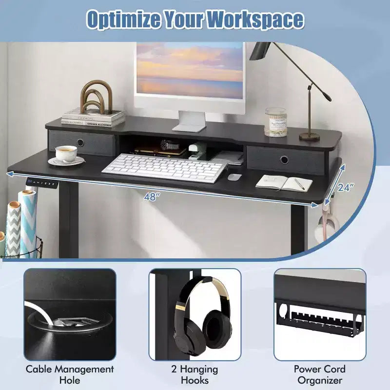 Bureau debout électrique Costway 48x24 po avec 2 tiroirs, support d'écran, étagère de rangement, brun/noir/blanc