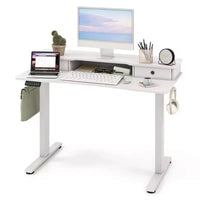 Bureau debout électrique Costway 48x24 po avec 2 tiroirs, support d'écran, étagère de rangement, brun/noir/blanc