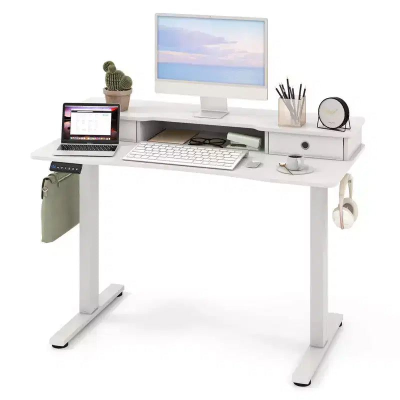 Bureau debout électrique Costway 48x24 po avec 2 tiroirs, support d'écran, étagère de rangement, brun/noir/blanc