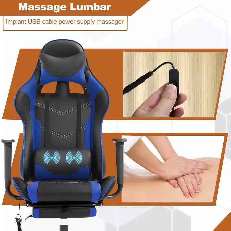 Chaise gaming de course BestMassage, chaise de bureau de massage à fonction massage, soutien lombaire, cuir PU, pour adultes