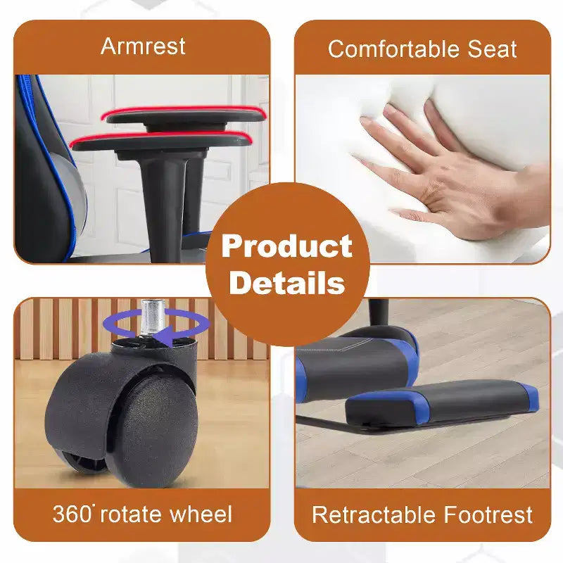 Chaise gaming de course BestMassage, chaise de bureau de massage à fonction massage, soutien lombaire, cuir PU, pour adultes