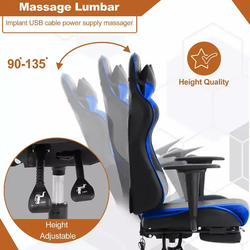 Chaise gaming de course BestMassage, chaise de bureau de massage à fonction massage, soutien lombaire, cuir PU, pour adultes