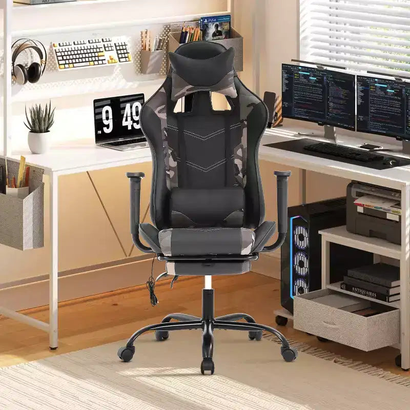 Chaise gaming de course BestMassage, chaise de bureau de massage à fonction massage, soutien lombaire, cuir PU, pour adultes
