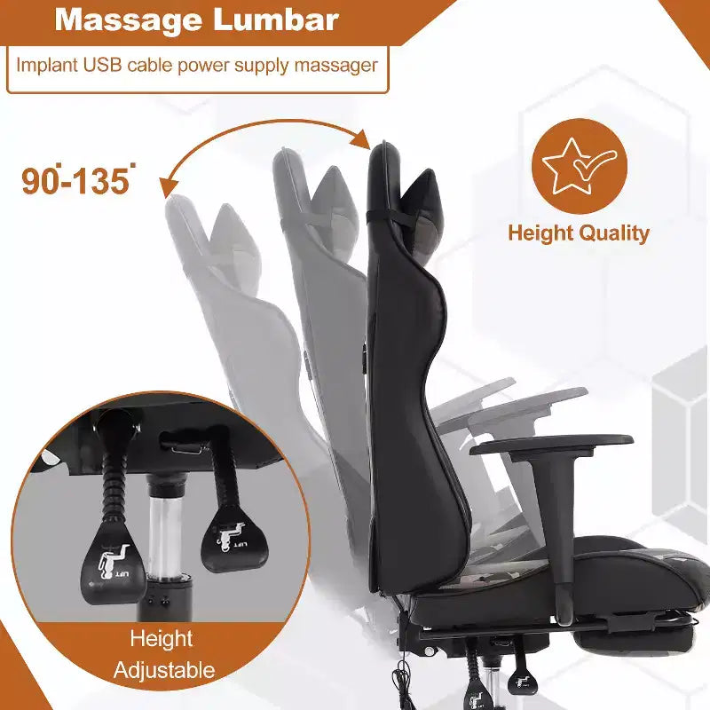 Chaise gaming de course BestMassage, chaise de bureau de massage à fonction massage, soutien lombaire, cuir PU, pour adultes