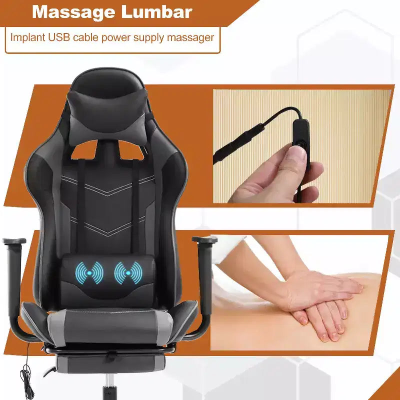 BestMassage Fauteuil de bureau gamer Racing avec fonction massage, soutien lombaire, en cuir PU pour adulte