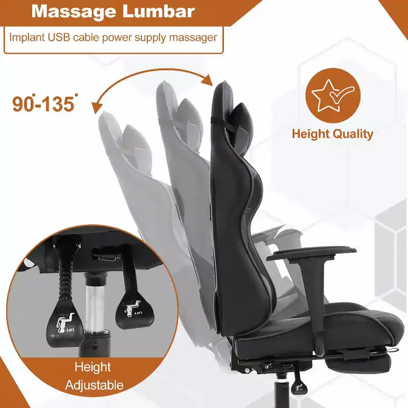 Chaise gaming de course BestMassage, chaise de bureau de massage à fonction massage, soutien lombaire, cuir PU, pour adultes