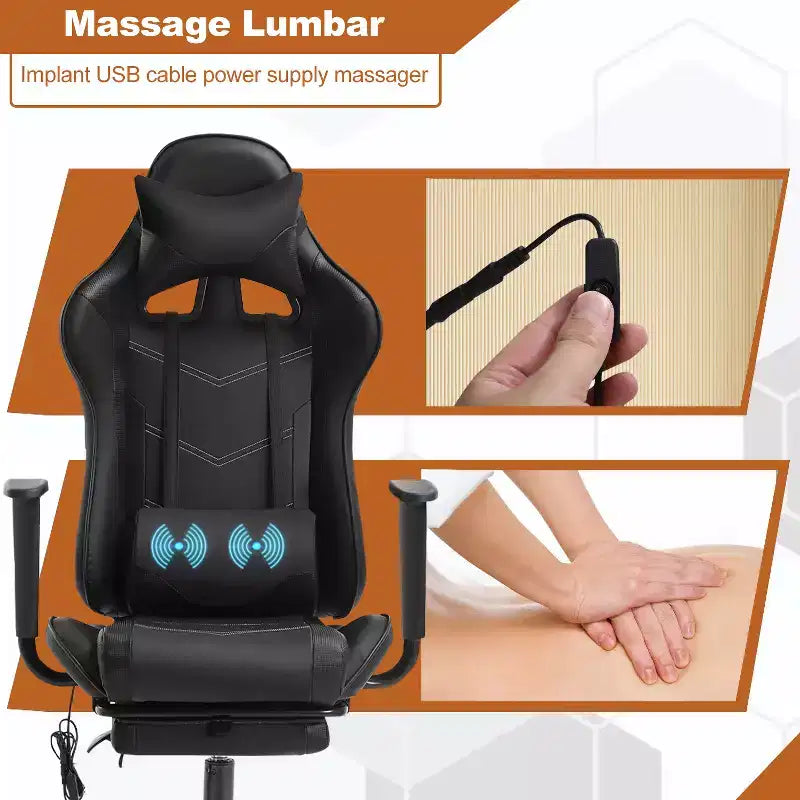 Chaise gaming de course BestMassage, chaise de bureau de massage à fonction massage, soutien lombaire, cuir PU, pour adultes