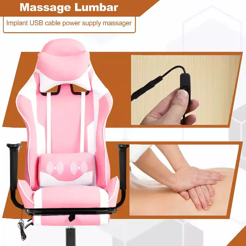 Chaise gaming de course BestMassage, chaise de bureau de massage à fonction massage, soutien lombaire, cuir PU, pour adultes