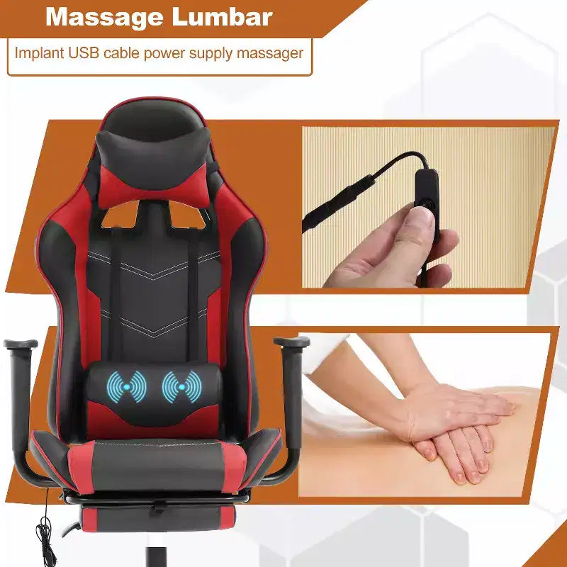 Chaise gaming de course BestMassage, chaise de bureau de massage à fonction massage, soutien lombaire, cuir PU, pour adultes