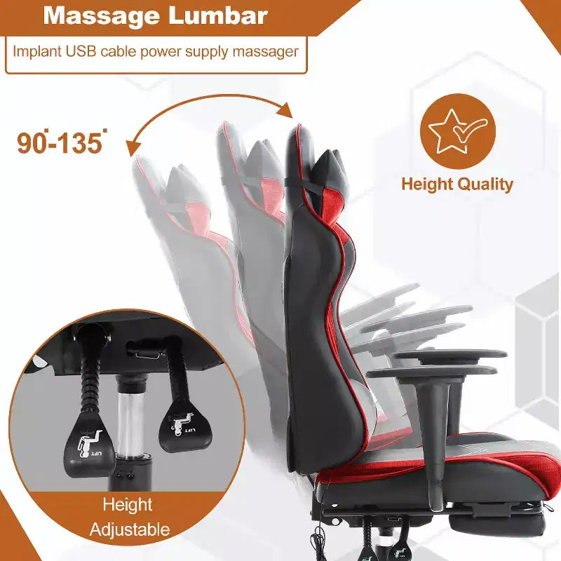 Chaise gaming de course BestMassage, chaise de bureau de massage à fonction massage, soutien lombaire, cuir PU, pour adultes