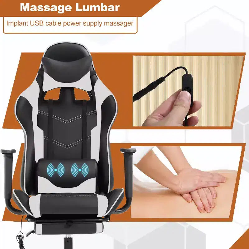 Chaise gaming de course BestMassage, chaise de bureau de massage à fonction massage, soutien lombaire, cuir PU, pour adultes
