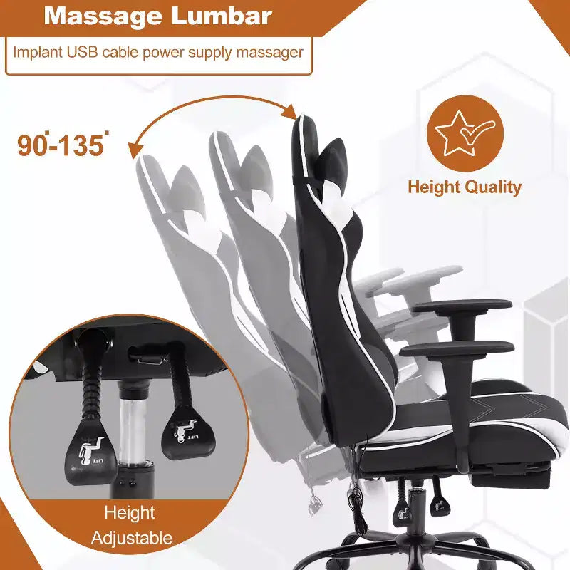 BestMassage Fauteuil de bureau gamer Racing avec fonction massage, soutien lombaire, en cuir PU pour adulte