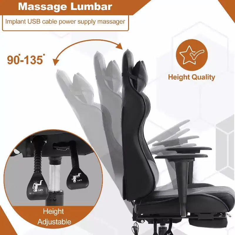 Chaise gaming de course BestMassage, chaise de bureau de massage à fonction massage, soutien lombaire, cuir PU, pour adultes