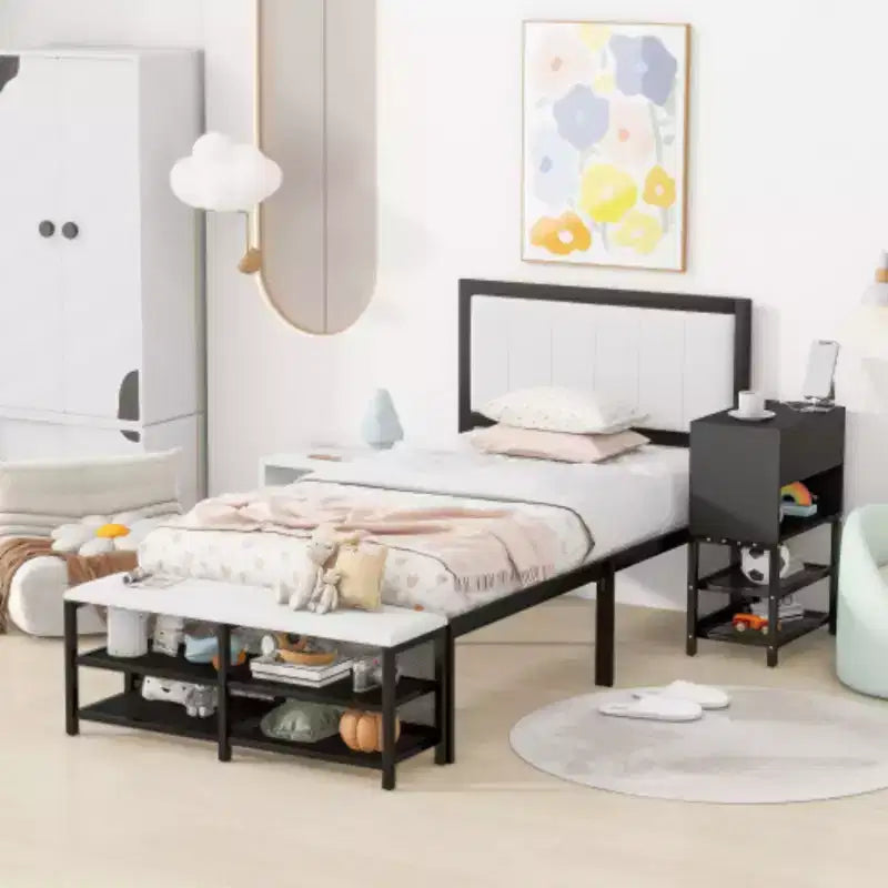 Lit plateforme en métal Twin avec étagères de rangement à deux niveaux et meuble de rangement en bois