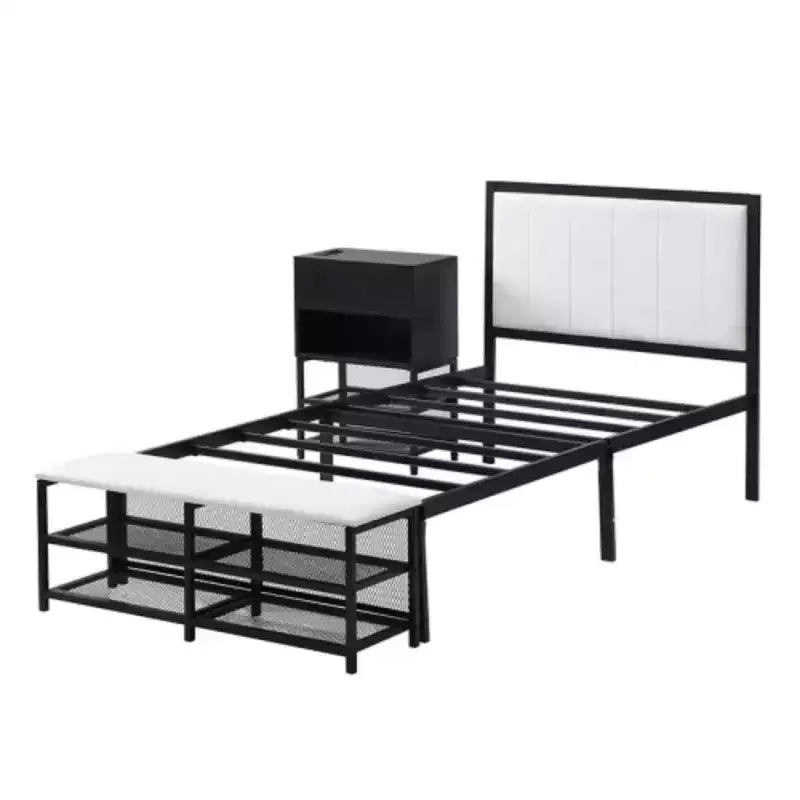 Lit plateforme en métal Twin avec étagères de rangement à deux niveaux et meuble de rangement en bois