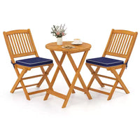 Costway Ensemble bistro de patio 3 pièces en bois d'acacia - Table et chaises pliantes avec coussins Beige/Bleu marine