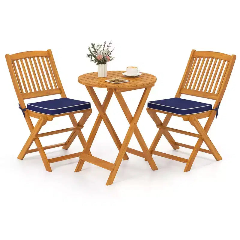 Costway Ensemble bistro de patio 3 pièces en bois d'acacia - Table et chaises pliantes avec coussins Beige/Bleu marine