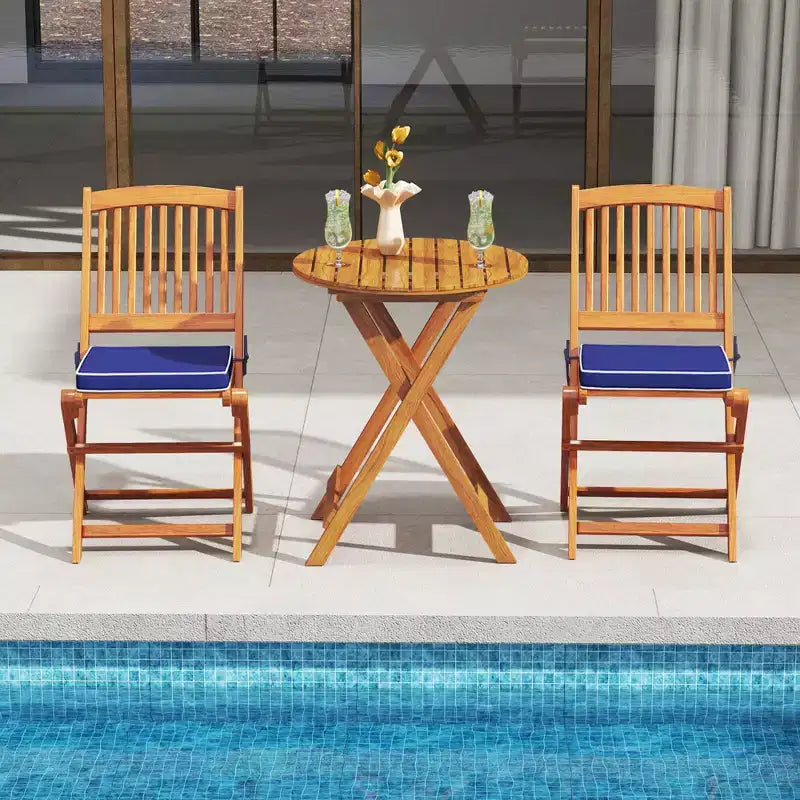 Costway Ensemble bistro de patio 3 pièces en bois d'acacia - Table et chaises pliantes avec coussins Beige/Bleu marine