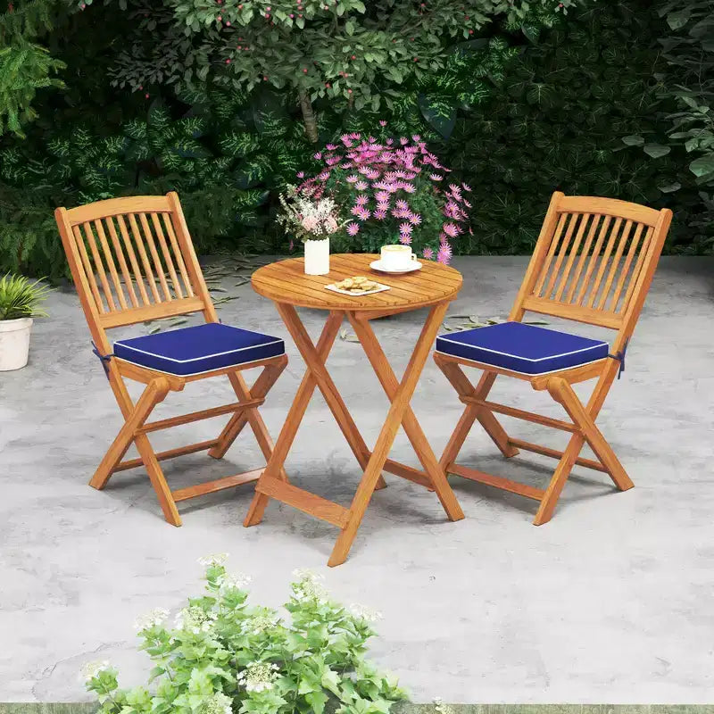 Costway Ensemble bistro de patio 3 pièces en bois d'acacia - Table et chaises pliantes avec coussins Beige/Bleu marine