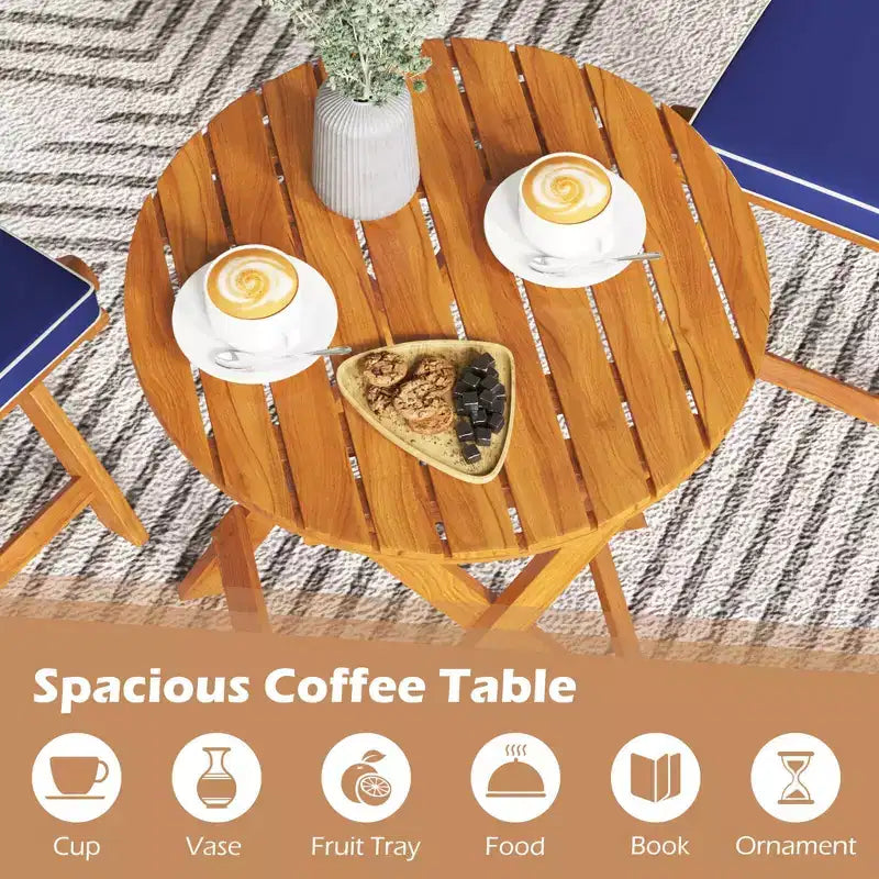 Costway Ensemble bistro de patio 3 pièces en bois d'acacia - Table et chaises pliantes avec coussins Beige/Bleu marine