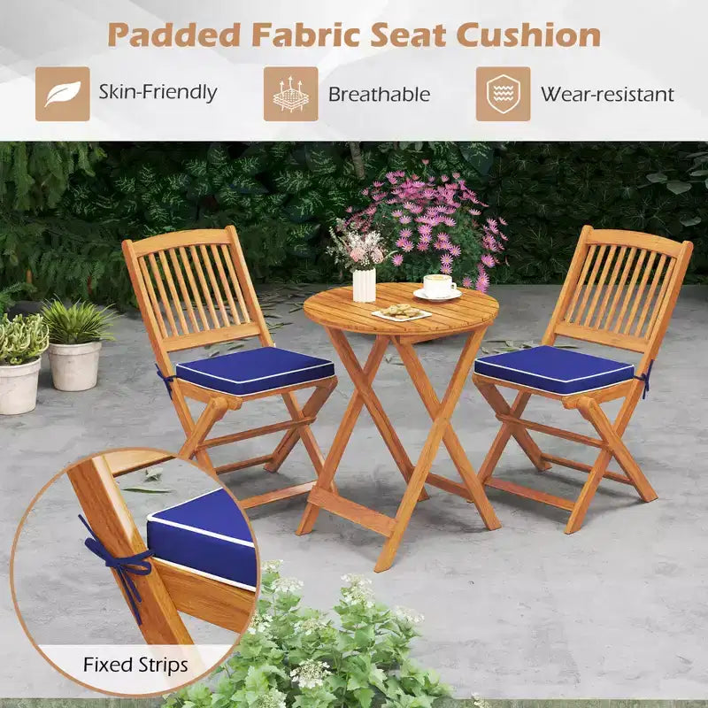 Costway Ensemble bistro de patio 3 pièces en bois d'acacia - Table et chaises pliantes avec coussins Beige/Bleu marine