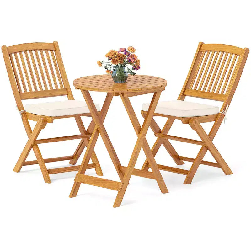 Costway Ensemble bistro de patio 3 pièces en bois d'acacia - Table et chaises pliantes avec coussins Beige/Bleu marine