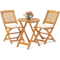 Costway Ensemble bistro de patio 3 pièces en bois d'acacia - Table et chaises pliantes avec coussins Beige/Bleu marine