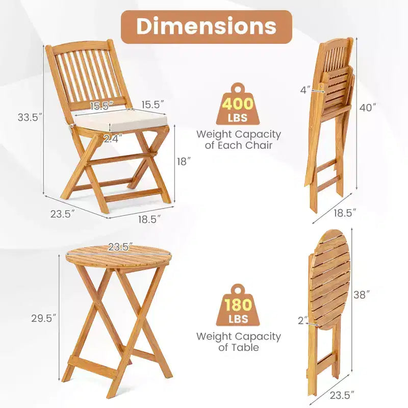 Costway Ensemble bistro de patio 3 pièces en bois d'acacia - Table et chaises pliantes avec coussins Beige/Bleu marine