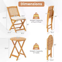 Costway Ensemble bistro de patio 3 pièces en bois d'acacia - Table et chaises pliantes avec coussins Beige/Bleu marine